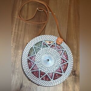 Handwoven Womens Round Rattan Crossbody Bag Purse 8"  Tan/Blue